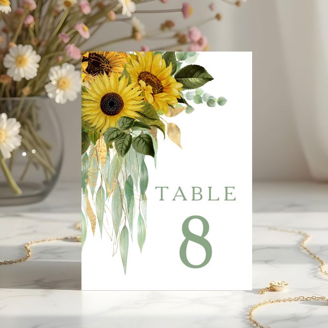 Blumenblume Eukalyptus Sage Grüne Hochzeit Tischnummer (Floral Sunflower Eucalyptus Sage Green Wedding Table Number)