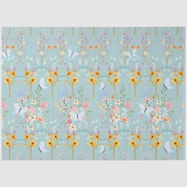 Blumenblume Gelbblauer Schmetterling Dekoupage Seidenpapier (Vorderseite)