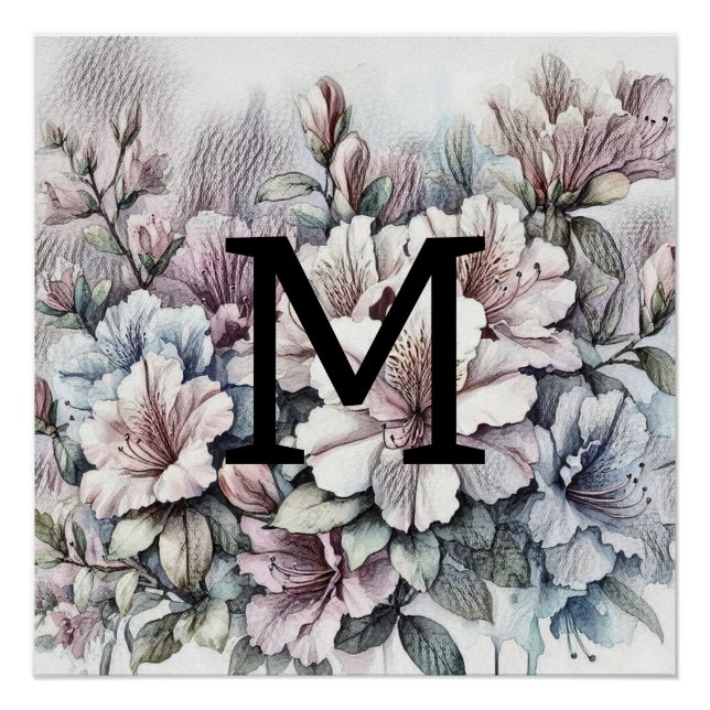 Blumenblumen zeichnend Monogramm rosa blaue Azalee Poster (Vorderseite)