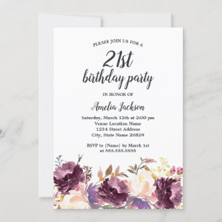 Blumenblut Lila Aquarell 21. Geburtstag Party Einladung