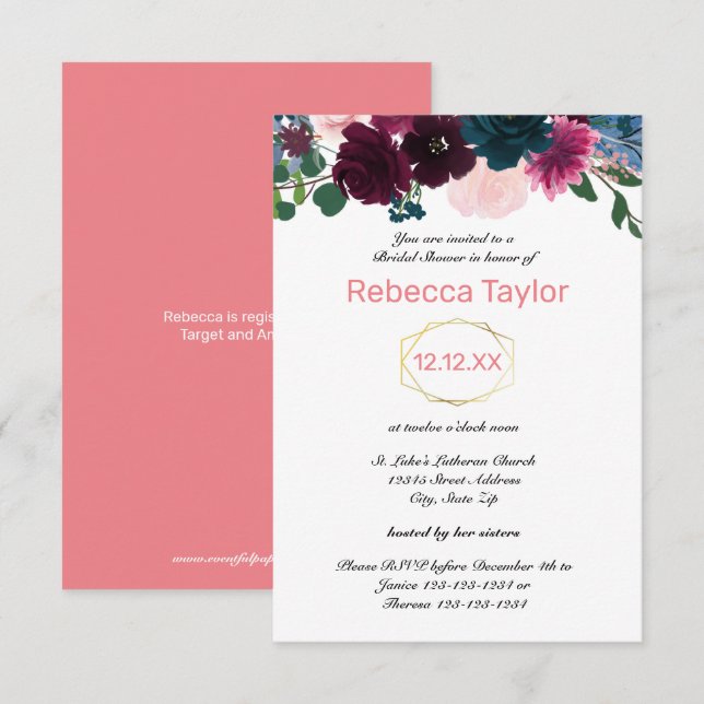 Blumenblüten rosa Vertikal - 3 x 5 Brautparty Einladung (Vorne/Hinten)