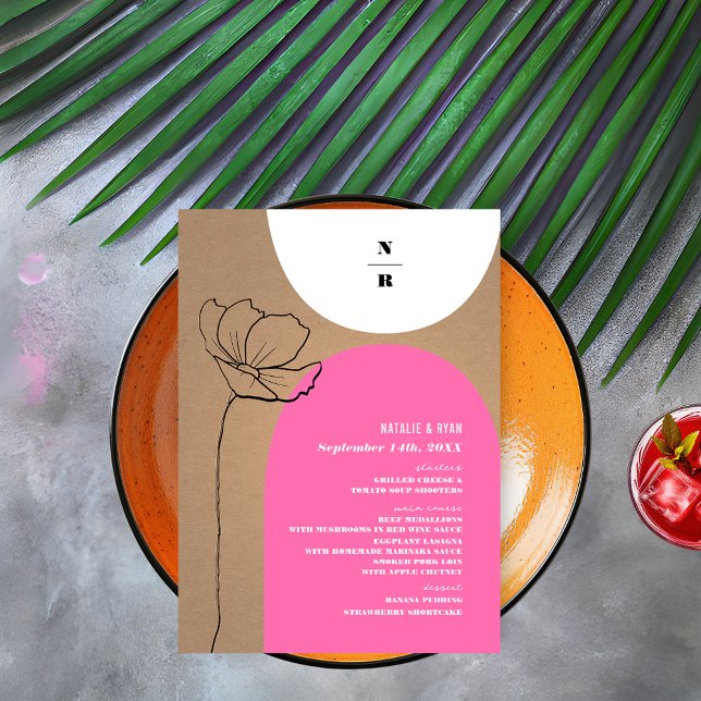 Blumenbögen Rosa Monogramm-Hochzeit Menükarte (Von Creator hochgeladen)