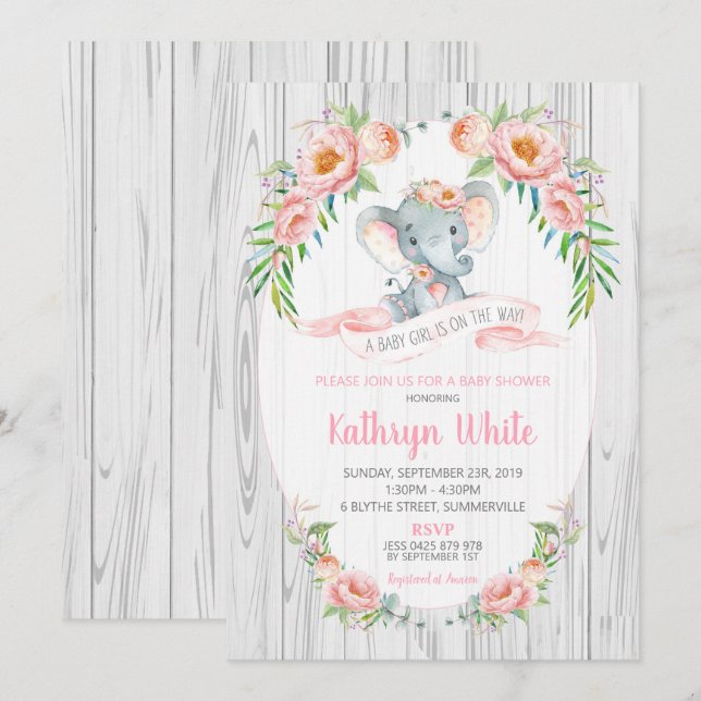 BlumenBoho Elefant-Babyparty-Einladungs-Mädchen Einladung (Vorne/Hinten)