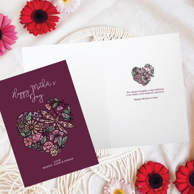 Blumenbotanicals & Dragonfly Herzmüttertag Karte (Floral Botanicals & Dragonfly Heart Mother's Day Card)