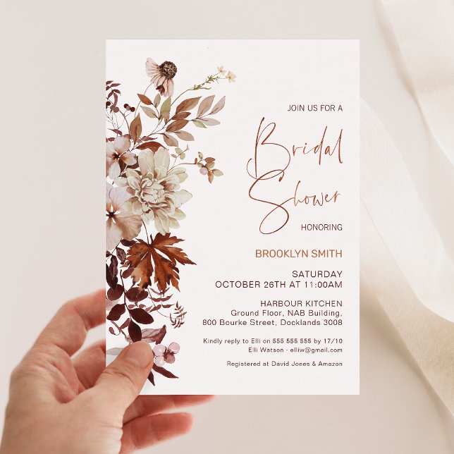 Blumenbraun Beige Fall von Liebe Brautparty Einladung (Fall in Love Bridal Shower Invitation Template, Autumn Fall In Love Bridal Shower Invite, Floral )