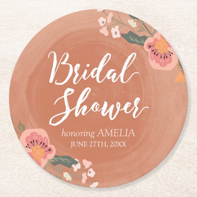 Blumenbraun Holz Rustikales Brautparty Runde Runder Pappuntersetzer (Vorderseite)