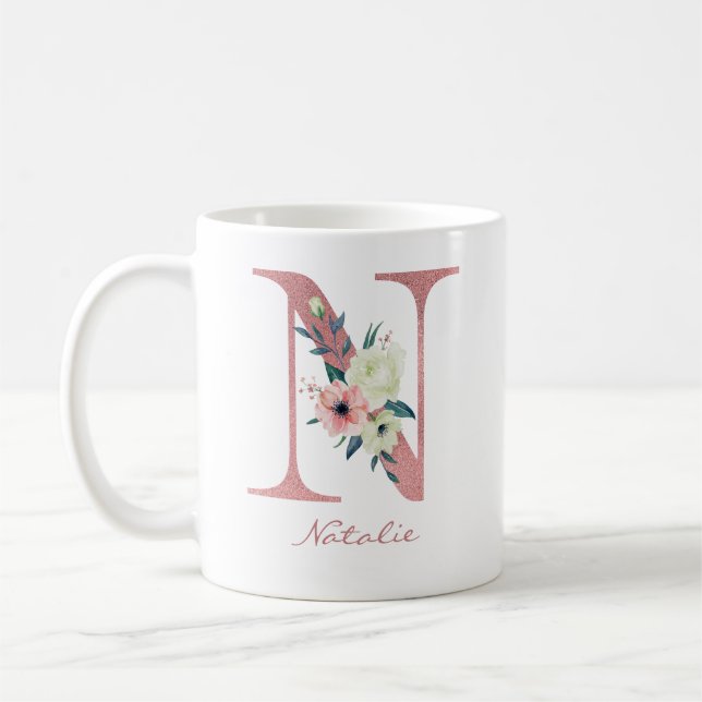 Blumenbrief N Initial - Rosa und Elfenbein Bouquet Kaffeetasse (Links)