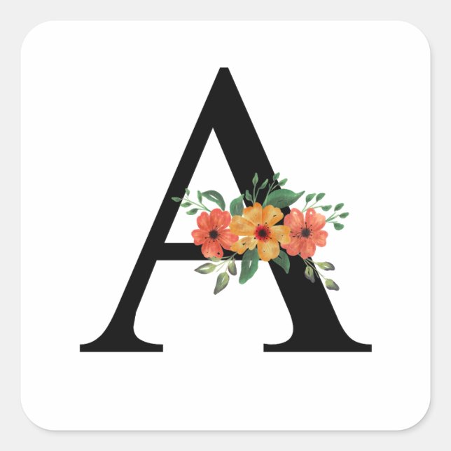 Blumenbrief | PERSONALISIERT MIT MONOGRAMM Quadratischer Aufkleber (Vorderseite)