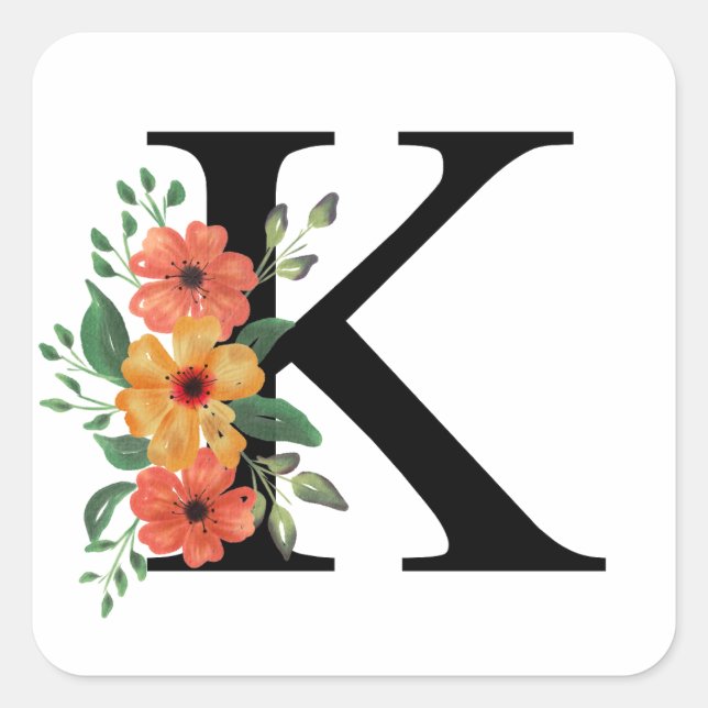 Blumenbrief | PERSONALISIERT MIT MONOGRAMM Quadratischer Aufkleber (Vorderseite)