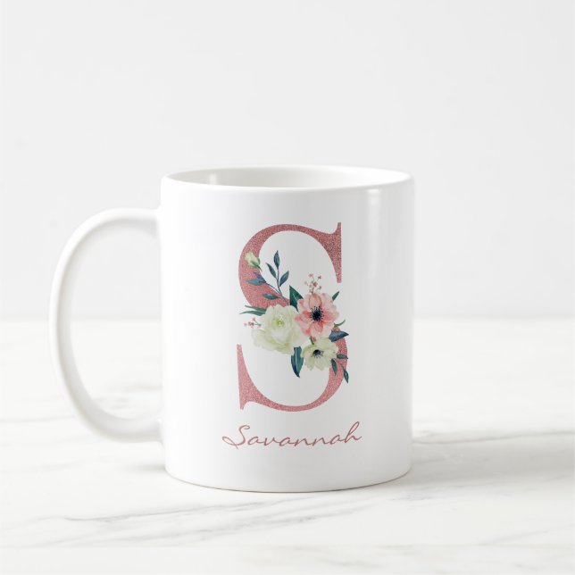 Blumenbrief S Initial - Pink und Ivory Bouquet Kaffeetasse (Links)