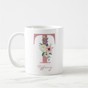 Blumenbrief T Initiale - Rosa und Elfenbein Bouque Kaffeetasse