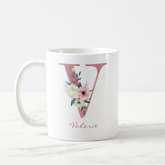 Blumenbrief V Initial - Pink und Ivory Bouquet Kaffeetasse (Links)