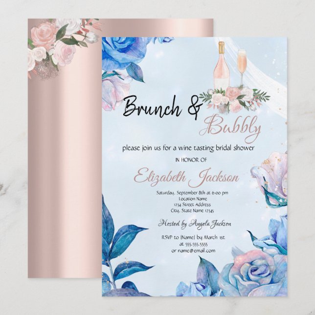BlumenBrunch & Bubbly Blue Brautparty Einladung (Vorne/Hinten)