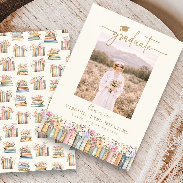 Blumenbücher Foto Abitur Ankündigung (Floral Books Photo Graduation Announcement
)
