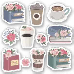Blumenbücher und ein Kaffeepaket für Kaffeeliebhab Aufkleber