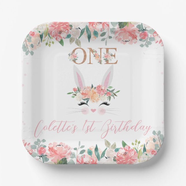 Blumenbunny Face 1. Geburtstag Pappteller (Vorderseite)