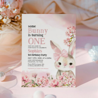 Blumenbunny Rabbit 1. Geburtstag Einladung