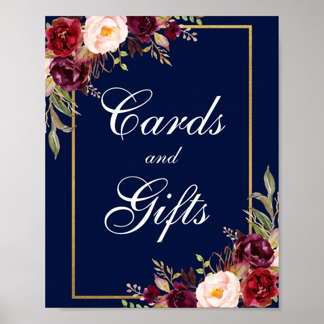 Blumenburgund Blue Gold Hochzeitskarten Geschenke Poster (Vorne)