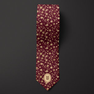 Blumenburgund und Goldmonogramm Krawatte