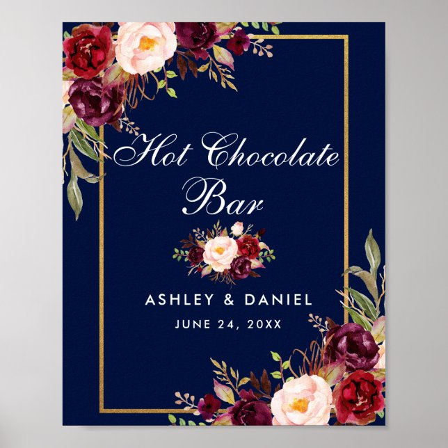 Blumenburgundy Blue Wedding Hot Chocolate Bar Poster (Vorne)