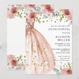 Blumenchic Blush Gold Glitzer Dress QUINCEAÑERA Einladung