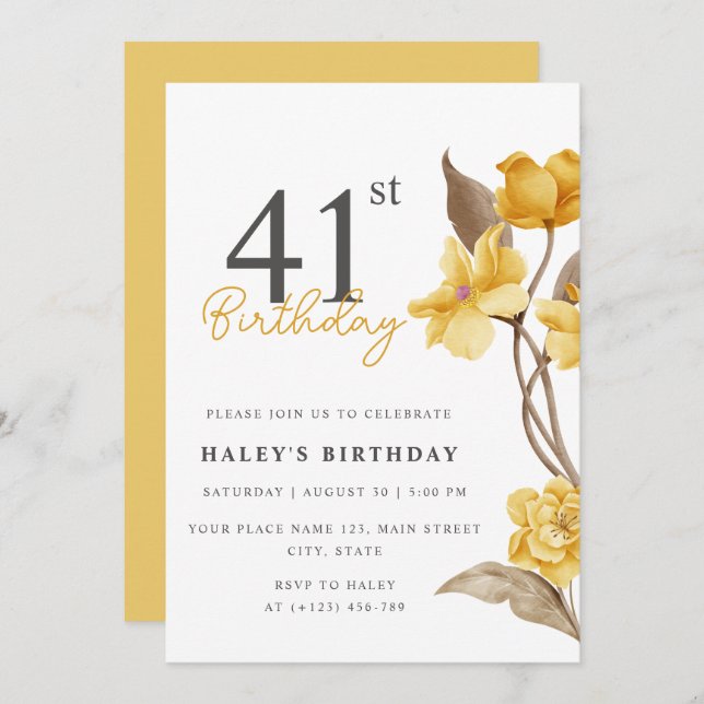 Blumenchic Elegant Einfaches Gelb 41. Geburtstag Einladung (Vorne/Hinten)