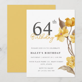 Blumenchic Elegant Simple Yellow 64. Geburtstag Einladung