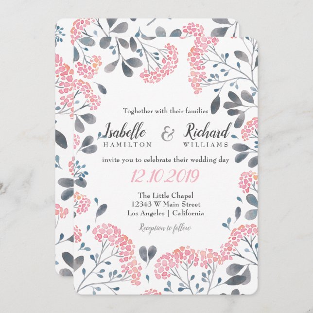 Blumenchic grau rosa Aquarellfarbenhochzeit Einladung (Vorne/Hinten)
