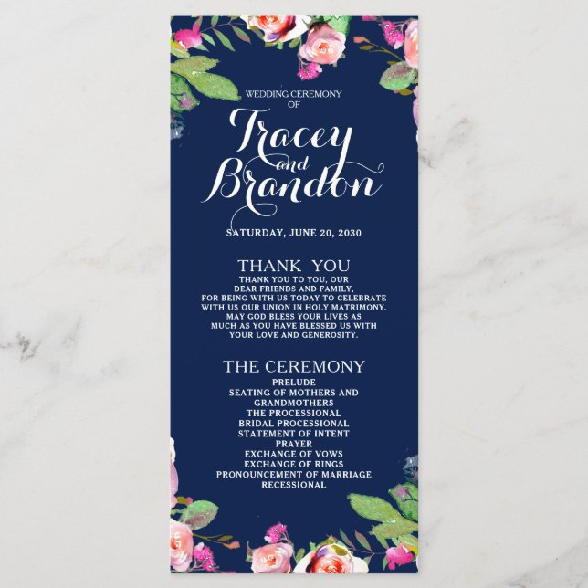 Blumenchic Navy Blue Elegant Hochzeitsprogramm Programm (Vorderseite)