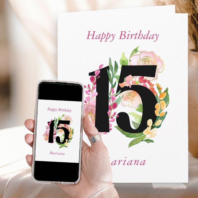 Blumenchic Nummer 15 Personalisiert 15. Geburtstag Karte (15th Birthday Card with number 15 from my Floral Chic Quinceanera Collection
)