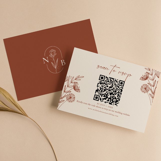 Blumencode Minimalistisch Terracotta Wedding QR Co RSVP Karte (Von Creator hochgeladen)