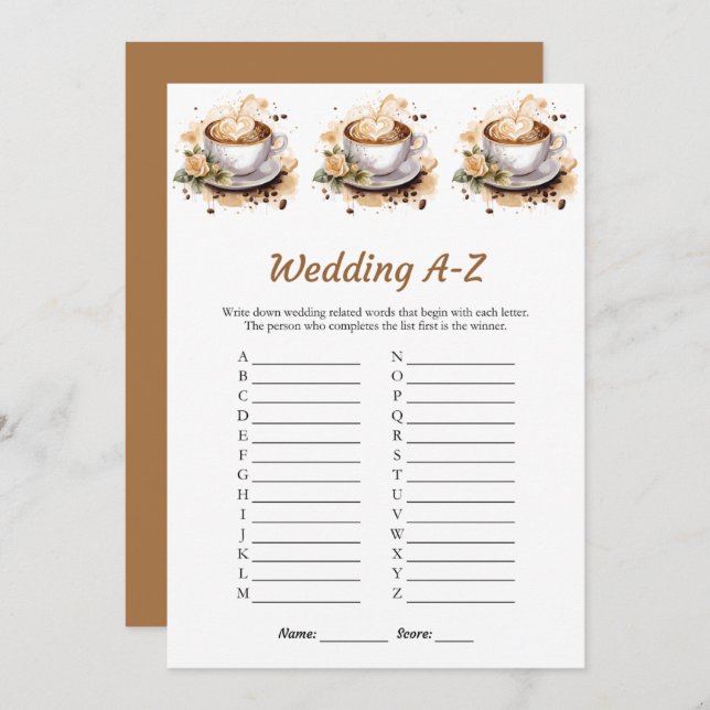 Blumencoffee Wedding A-Z Brautparty Game Card Einladung (Vorne/Hinten)