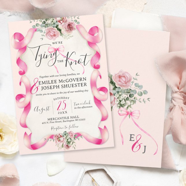 Blumencoquette Niedliche Vintage Hochzeit in Pink Einladung (Trendy aesthetic coquette hot pink fuchsia ribbon bow watercolor floral monogram wedding invitation)