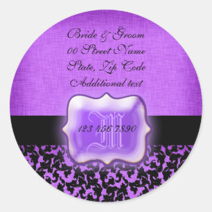 Blumendamast der lila schwarzen Hochzeit "der Runder Aufkleber