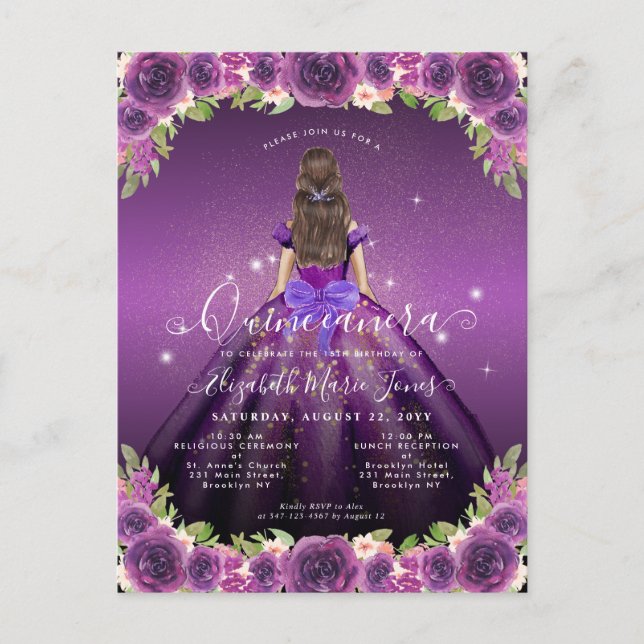 Blumendark Lila Gold Glam Prinzessin Quinceanera Postkarte (Vorderseite)