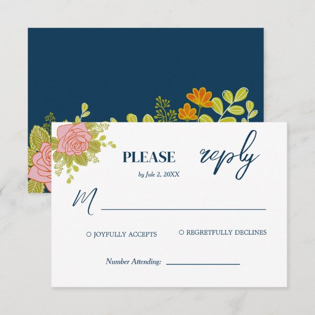 Blumendark Navy Blue Wedding Botanic RSVP Karte (Vorne/Hinten)