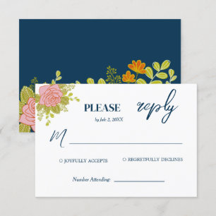 Blumendark Navy Blue Wedding Botanic RSVP Karte