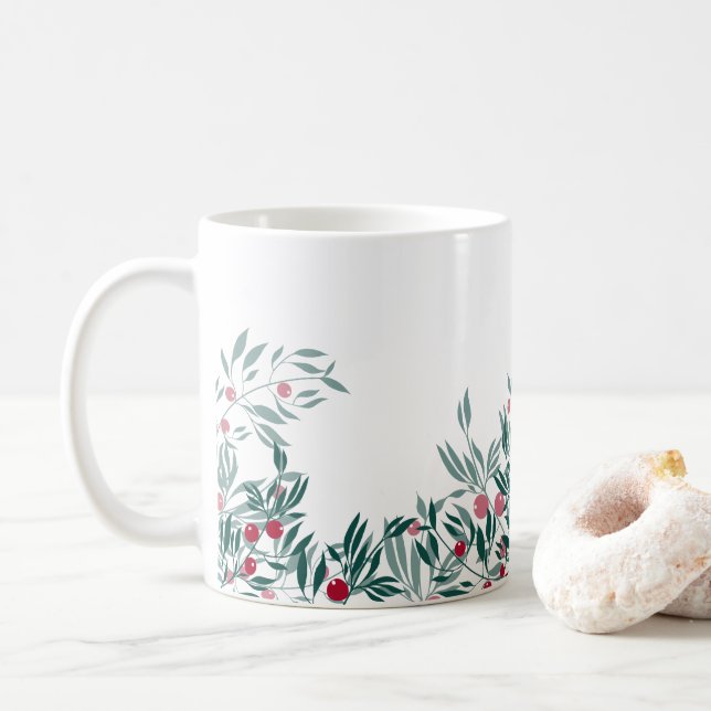 Blumendesign, grüne Äste und rote Beeren Kaffeetasse (Mit Donut)