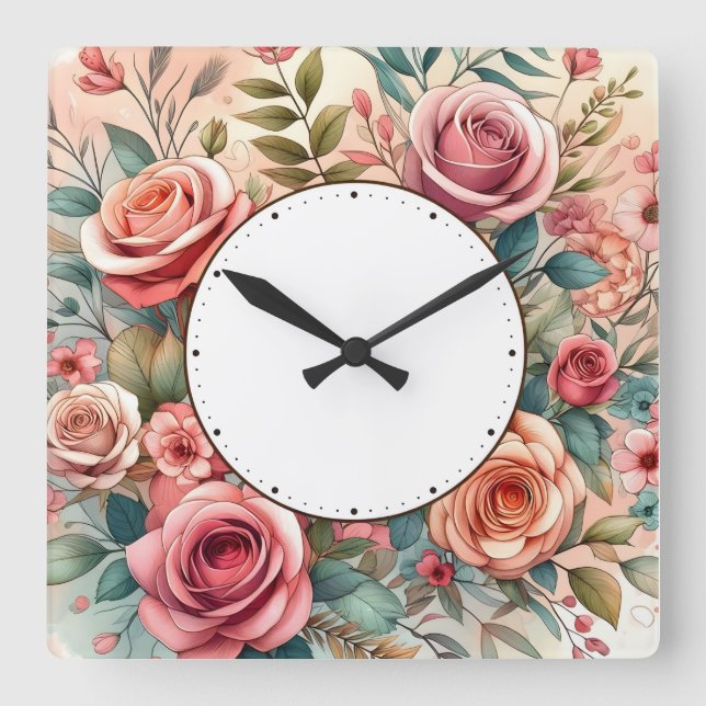 Blumendesign Quadratische Wanduhr (Vorderseite)