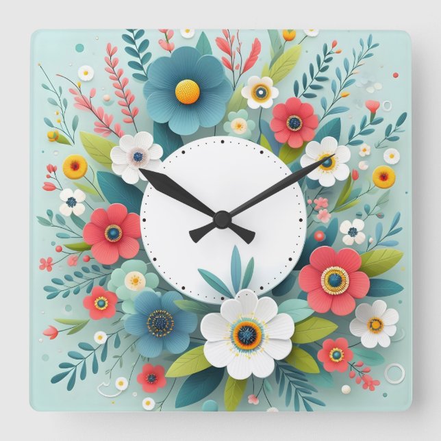 Blumendesign Quadratische Wanduhr (Vorderseite)