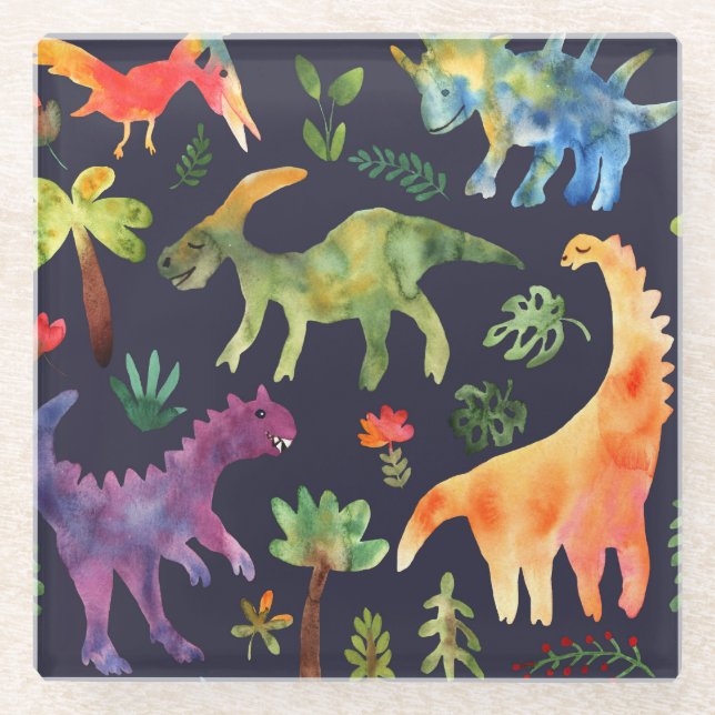 Blumendinosaurier: Design der Aquarellstoffe Glasuntersetzer (Vorderseite)