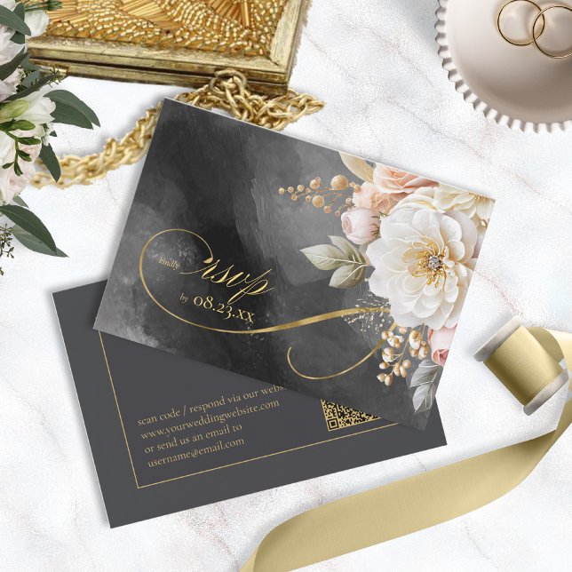 Blumendrama Hochzeit QR Code Kohle ID1022 RSVP Karte (Von Creator hochgeladen)