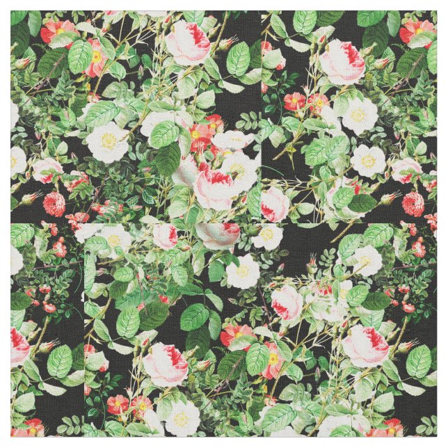 Blumendruck Rose Rosa und Weiß Blume auf Schwarz Stoff (Nahaufnahme)