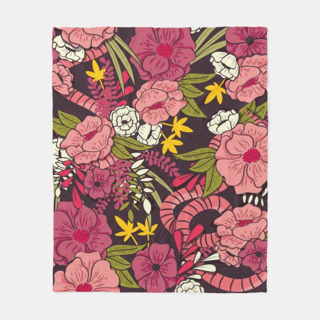 Blumendschungel mit Schlangen, tropische Blume Fleecedecke (Vorderseite)
