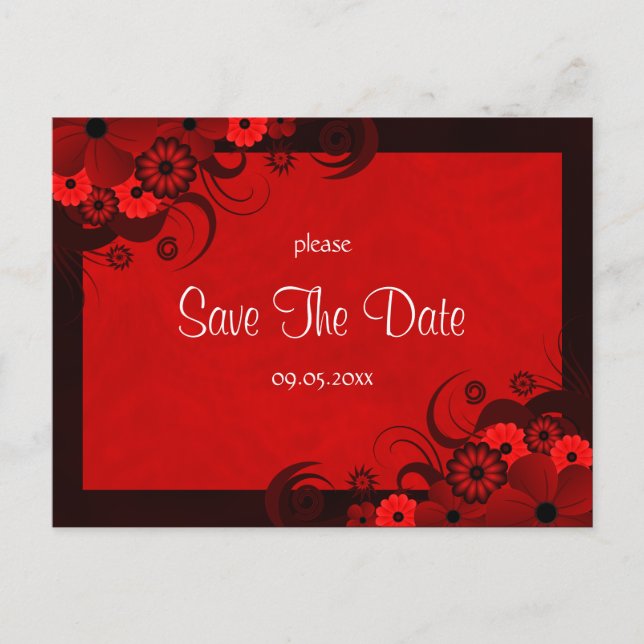 Blumendunkelrote, gotische Save the Date Postkarte (Vorderseite)
