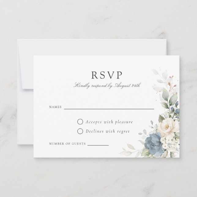 Blumendusty Blue Greenerity Wedding RSVP Card Einladung (Vorderseite)