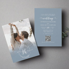 Blumendusty Blue Monogram Foto QR Code Wedding Einladung