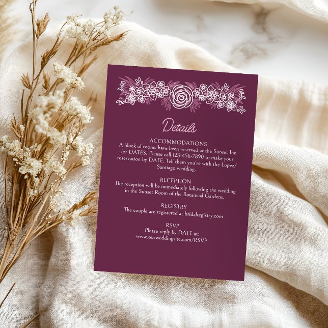 Blumendusty Rose Blush Burgundy Hochzeitdetails Begleitkarte (Von Creator hochgeladen)