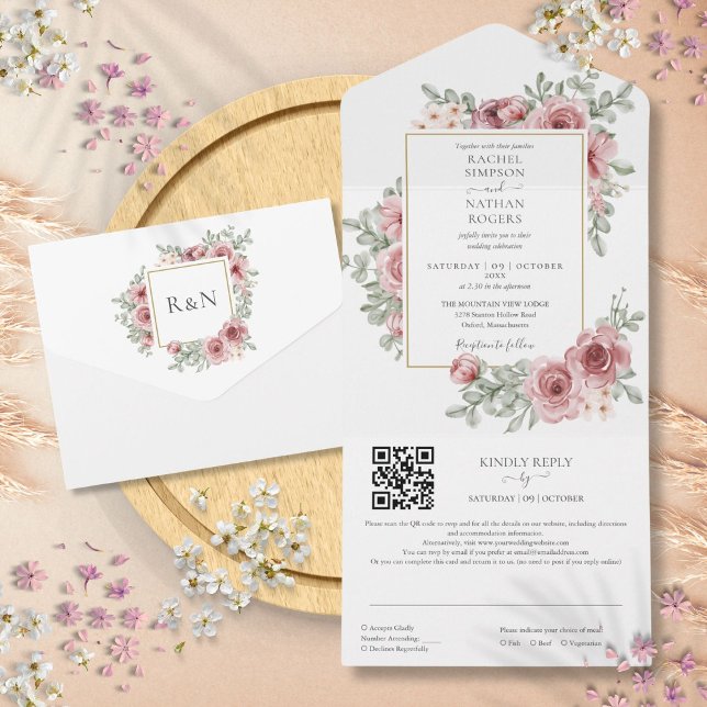 Blumendusty Rose Gold Geometric QR Code Wedding All In One Einladung (Floral Dusty Rose Gold Geometric QR Code Wedding All In One Invitation)