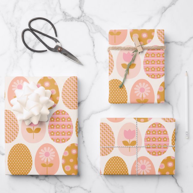 Blumeneier Muster in Boho Pink Gelb Gold Geschenkpapier Set (Vorderseite)
